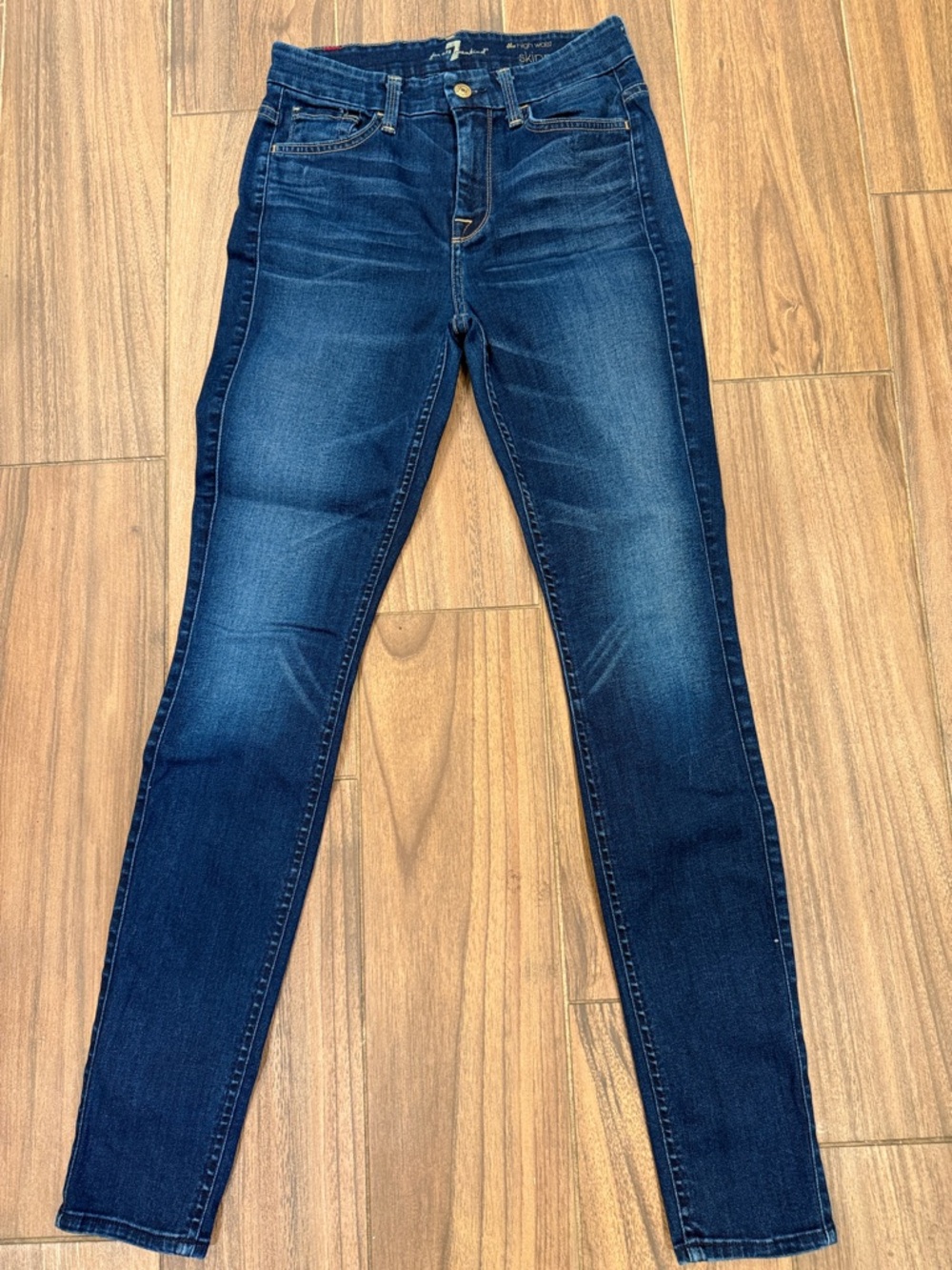 7 For All Mankind Dark Blue Skinny Jeans. Waist 13-14”. Rise 10”. Inseam 30”